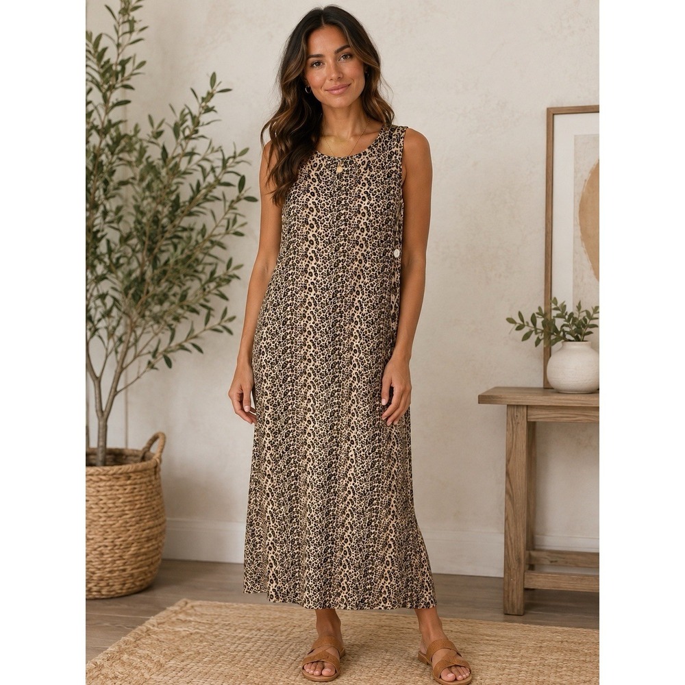 Styled By Saybury Leopard Print Rayon Maxi Dress Sleeveless Brown Tan Small 3459